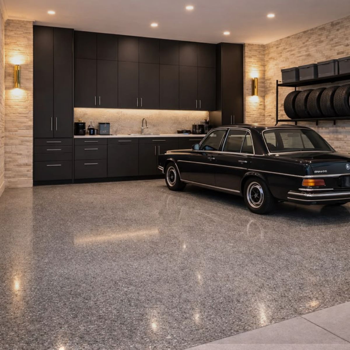 Modern garage with durable Epoxy Flooring North Port FL, featuring a glossy gray flake finish.
