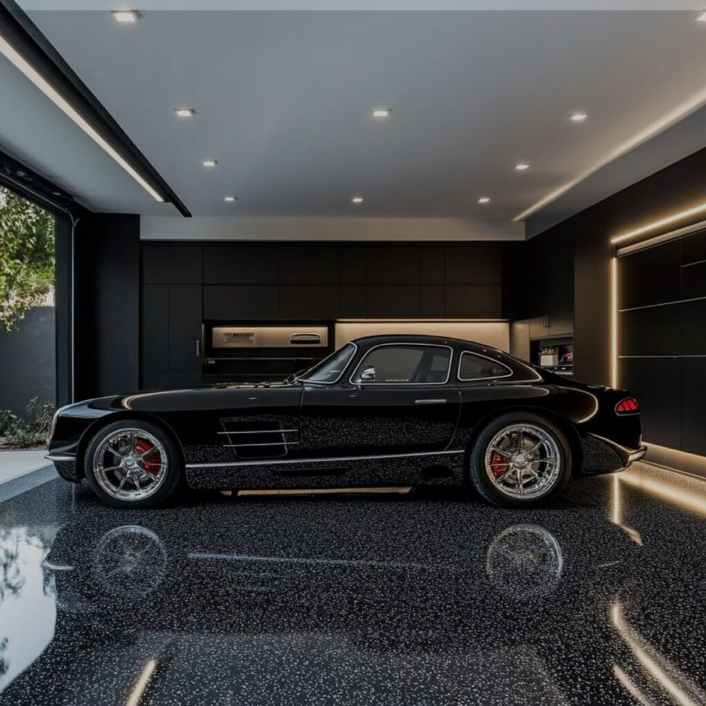 Luxury black sports car parked on glossy flake epoxy flooring in Lakewood Ranch, FL.