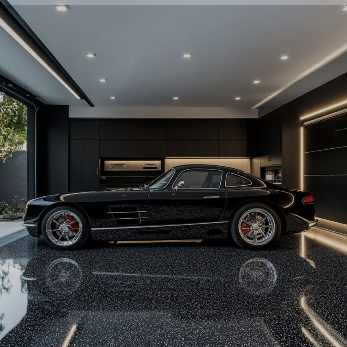 Luxury black sports car parked on glossy flake epoxy flooring in Lakewood Ranch, FL.