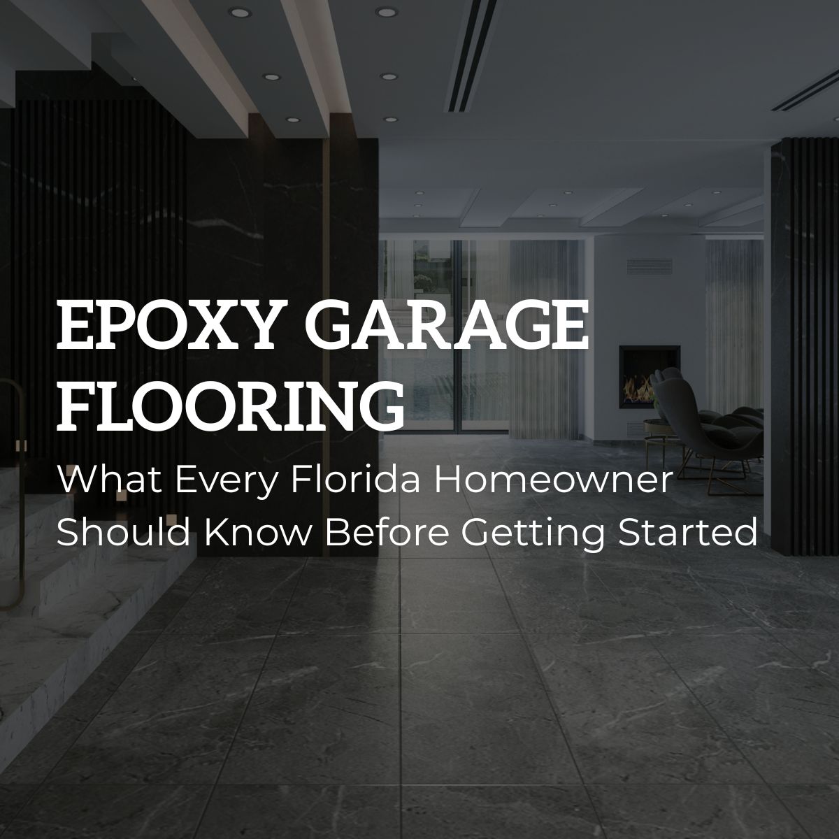 Modern Florida home garage with a polished dark gray epoxy floor and contemporary interior design.