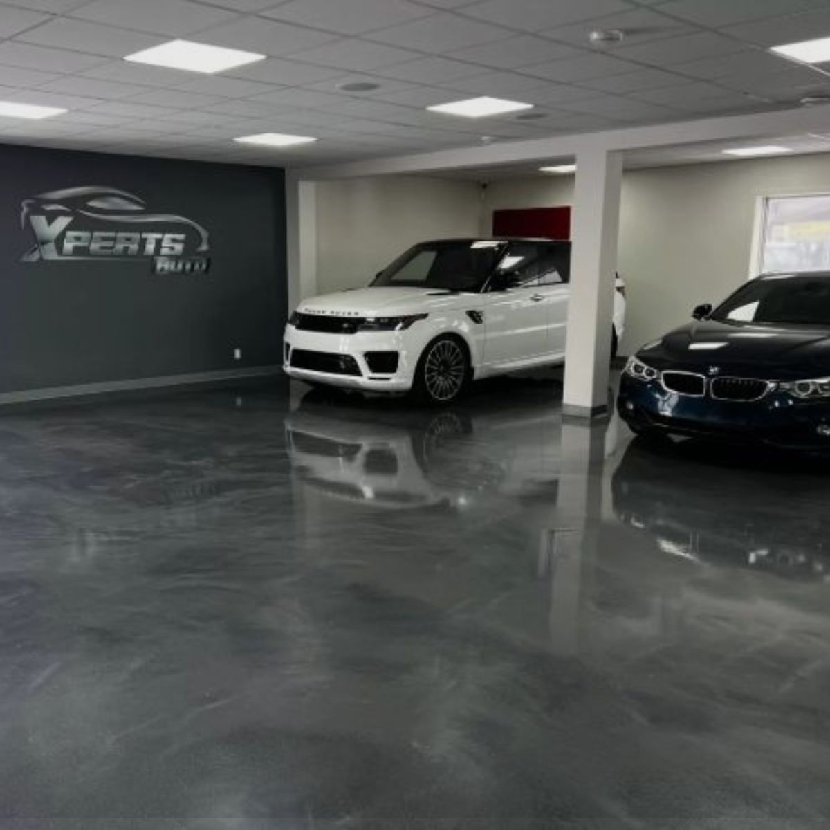 Glossy commercial epoxy flooring in Tampa, FL, showcasing a sleek automotive showroom with luxury vehicles.