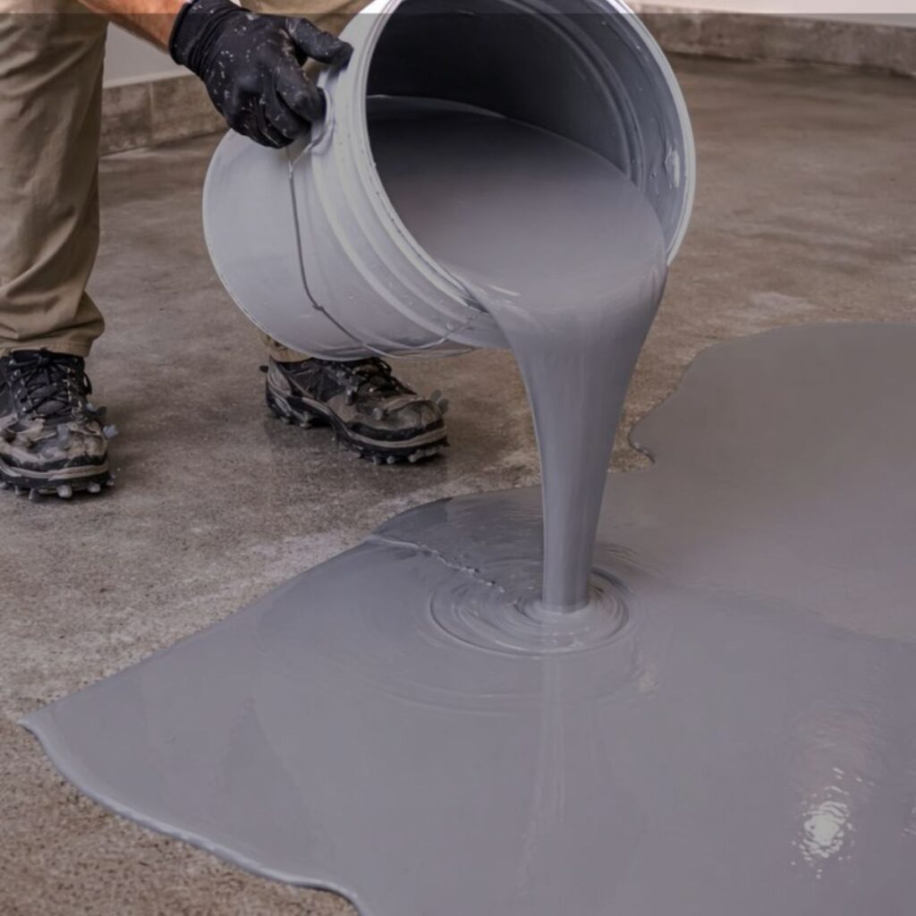 Worker pouring gray epoxy coating onto a concrete floor during an Epoxy Flooring Sarasota FL installation.