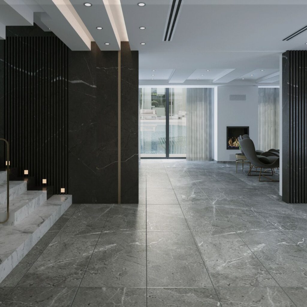 Modern Tampa, FL home featuring sleek gray residential epoxy flooring with a polished stone-look finish.