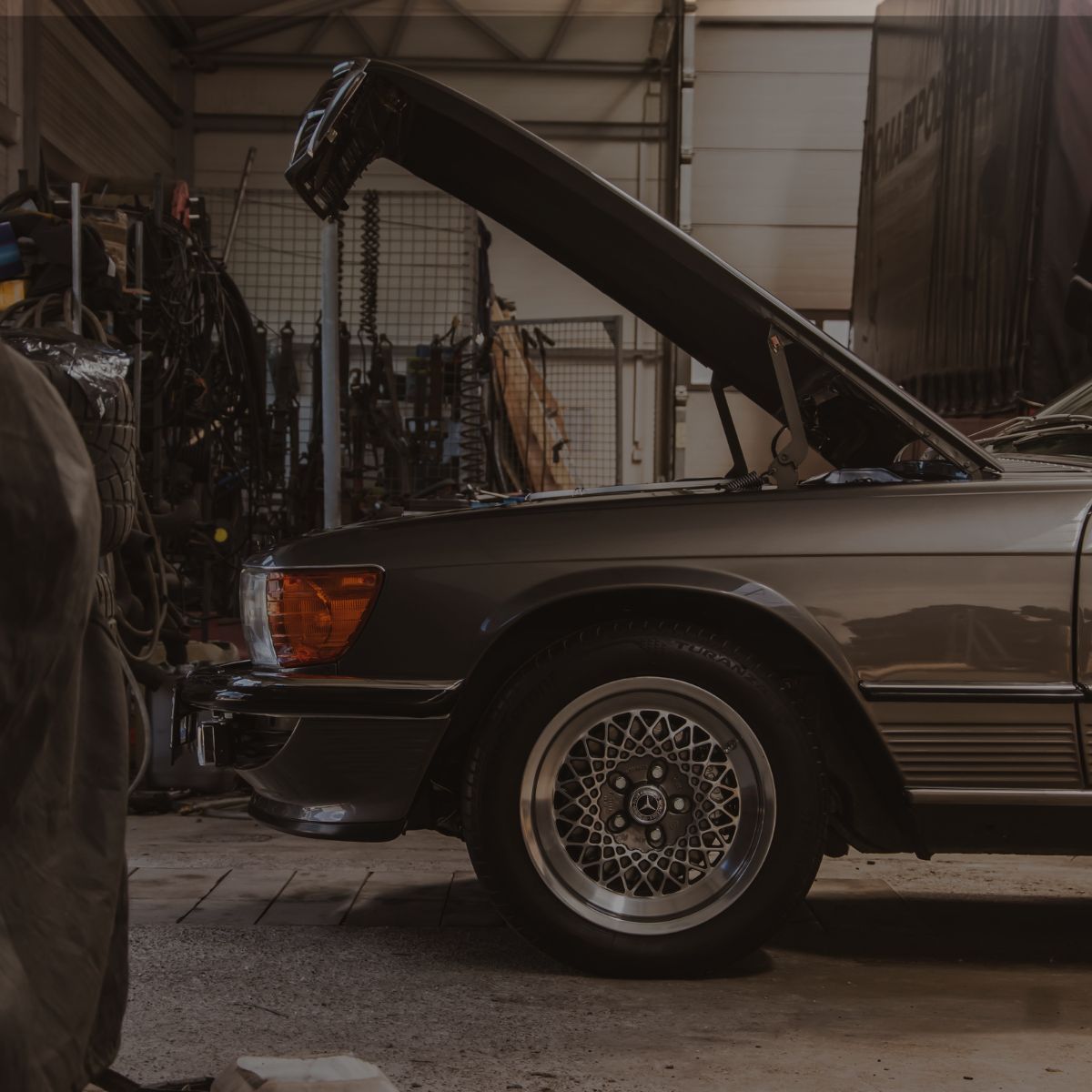 Classic car inside an automotive garage featuring durable epoxy flooring in Bradenton, FL.