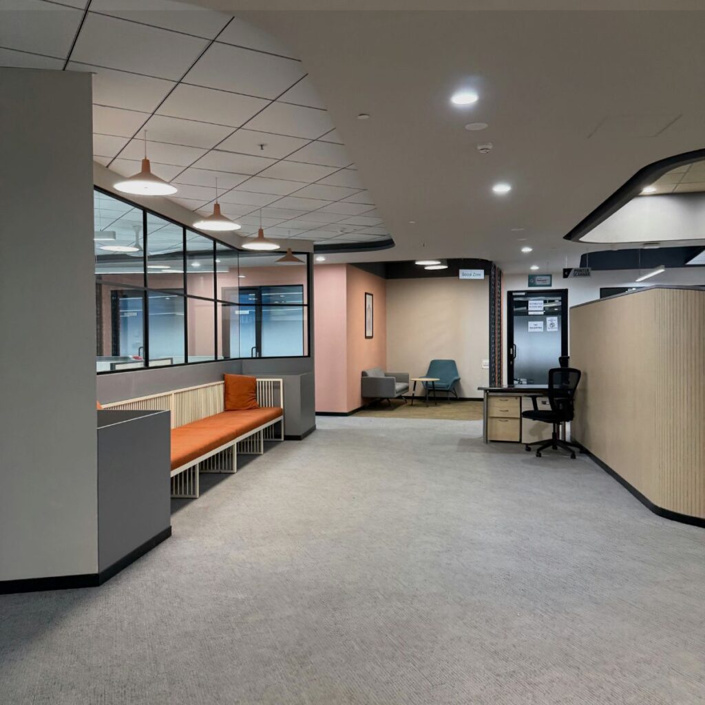 Modern business office interior showcasing durable commercial epoxy flooring in Tampa, FL.