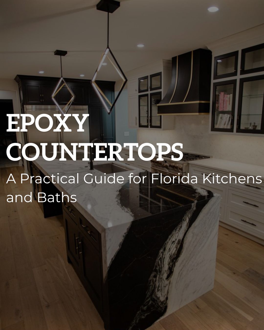 Modern kitchen featuring a polished epoxy countertop with a marble-inspired finish, black and white design, and elegant cabinetry in a Florida home.