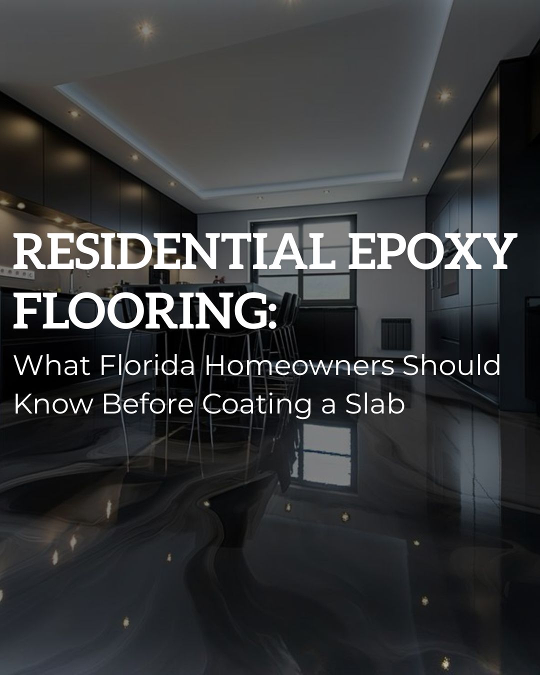 Modern residential kitchen featuring a glossy epoxy flooring finish with a reflective surface and contemporary interior design.